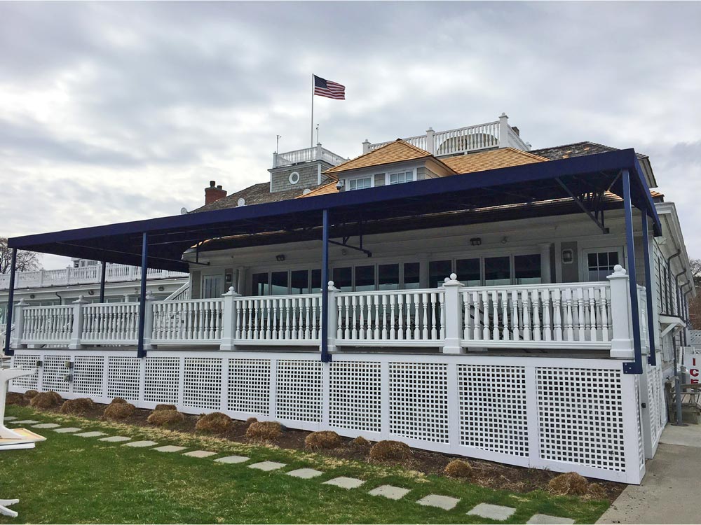 blue stationary awning for outdoor seating