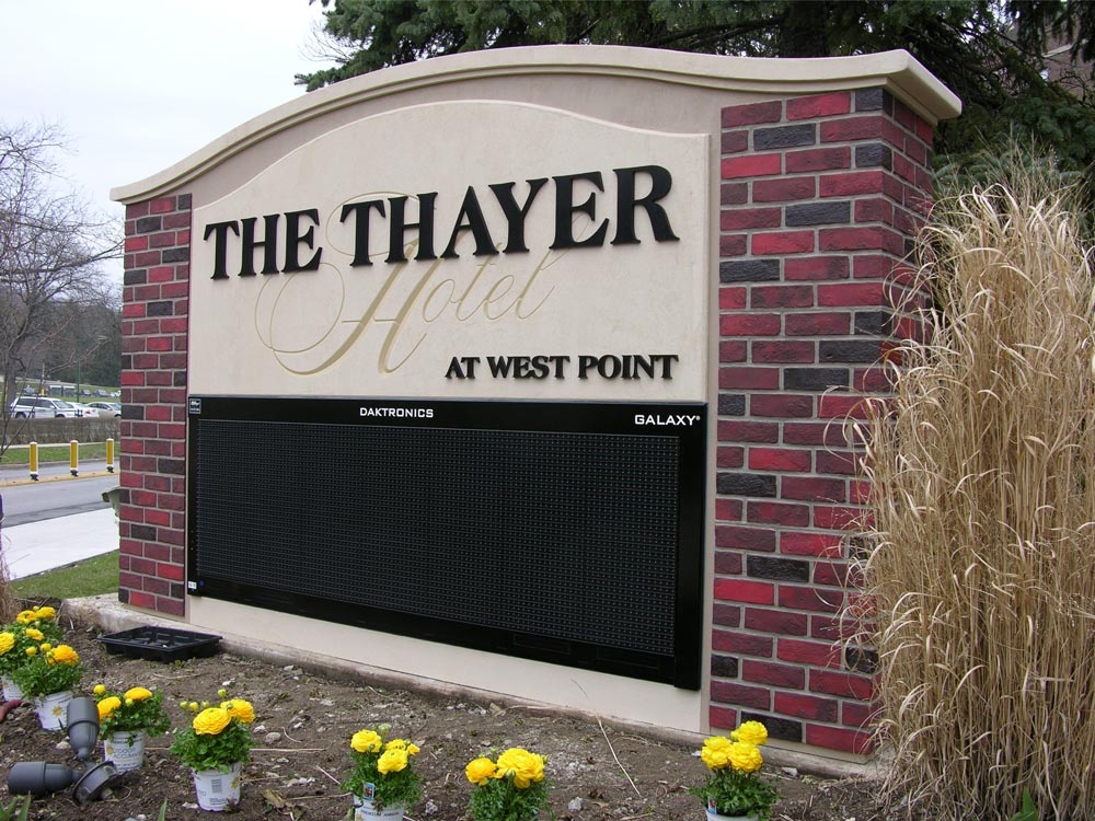 monument sign for the Thayer hotel at west point, with a built in full color Daktronics LED display