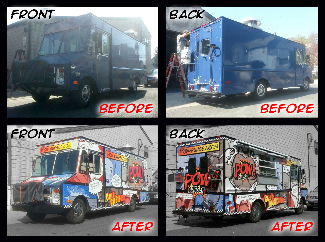 Before and after photos for the Pow Burger Food truck’s vinyl vehicle wrap